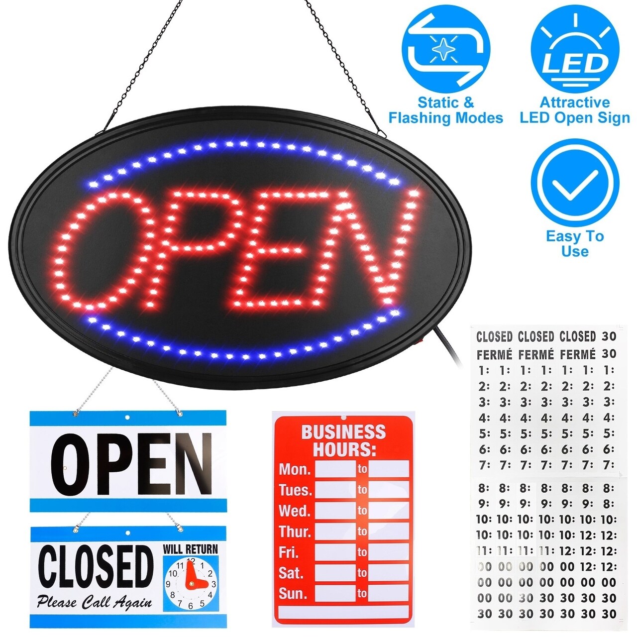 Led Neon Open Sign Board Dual Modes Energy Efficient Business Hours Blue Red